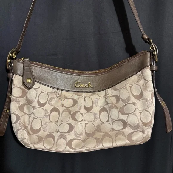 COACH Khaki Ashley Signature Print Hobo Shoulder Bag with Mahogany Accents Strap - Picture 2 of 13